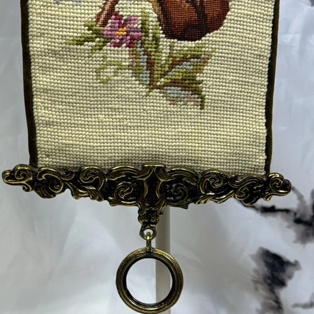 Vintage Petit Point Bell Pull Needle Point Velvet Backed Musical & Floral Design